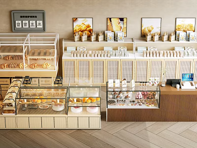 Bakery Storage Shelves with Glass Display Cases Pastry Goods and Decorative Paintings 3d model