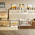 Bakery Storage Shelves with Glass Display Cases Pastry Goods and Decorative Paintings
