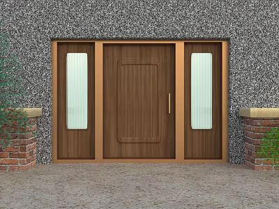 Wooden Front Door With Glass Side Windows Golden Frame Red Brick Pillars And Green Plants 3d model