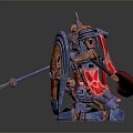 Armored Mechanical Warrior With Orange Blue Armor Shield And Glowing Red Weapon