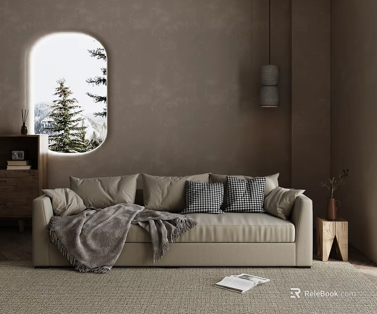 Modern Sectional Sofa With Plaid Cushions Gray Throw Blanket Arched Window Pine Tree View 3d model 