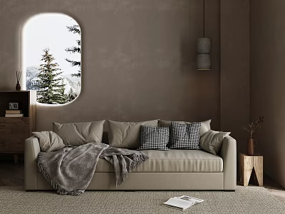 Modern Sectional Sofa With Plaid Cushions Gray Throw Blanket Arched Window Pine Tree View 3d model