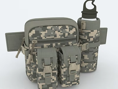 Camouflage Tactical Fanny Pack With Water Bottle And Multiple Pockets 3d model