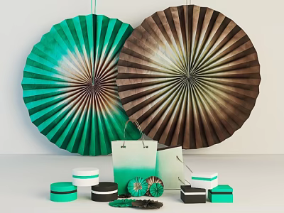 Decorative Ornament Set With Gradient Fans Small Boxes And Paper Bags 3d model