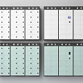 White And Light Blue Storage Lockers With Multiple Compartments And Electronic Screens
