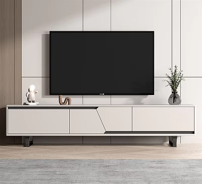 Modern White TV Stand With Wall Mounted TV Green Plant And Decorative Items 3d model