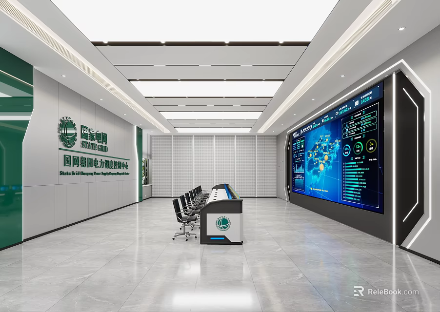 Modern Monitoring Room Interior With Large Screens Control Desk And Office Chairs 3d model 