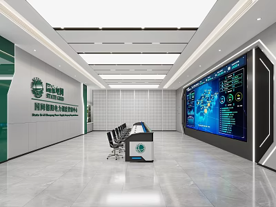 Modern Monitoring Room Interior With Large Screens Control Desk And Office Chairs 3d model