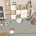 Kids Room Interior With Wooden Storage Shelf Stuffed Animals And Toy Car On Rug