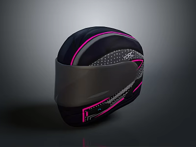 Stylish Black Motorcycle Helmet With Pink Stripes White Dot Patterns And Dark Visor 3d model