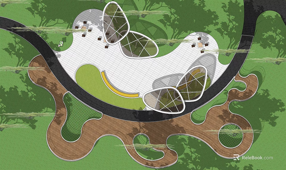 Road Facilities Design With Circular Paths Green Spaces And Wooden Walkways 3d model 