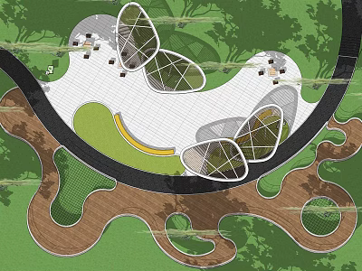 Road Facilities Design With Circular Paths Green Spaces And Wooden Walkways 3d model