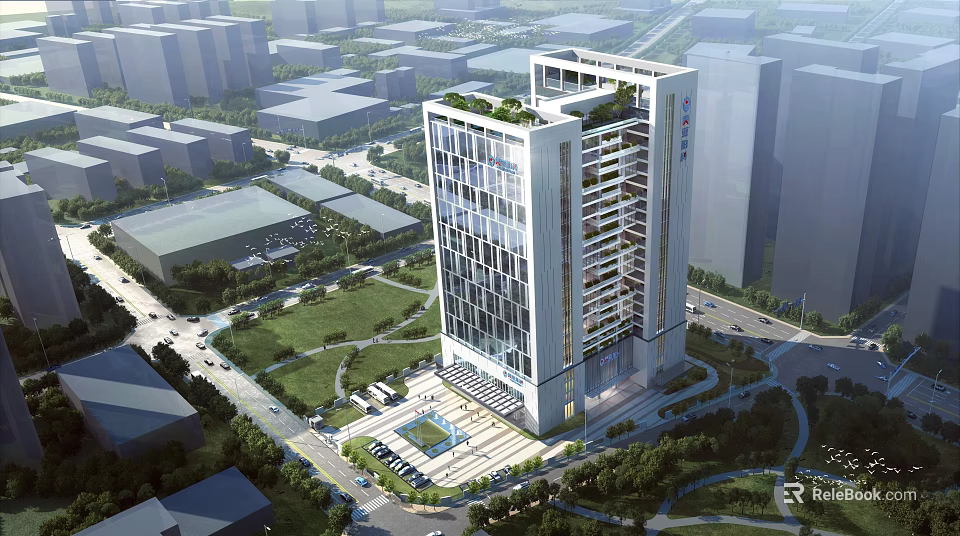 Modern High Rise Office Building With Glass Curtain Wall Rooftop Garden And Urban Landscaped Area 3d model 