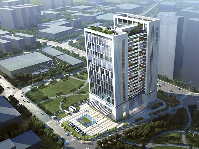 Modern High Rise Office Building With Glass Curtain Wall Rooftop Garden And Urban Landscaped Area 3d model