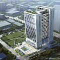 Modern High Rise Office Building With Glass Curtain Wall Rooftop Garden And Urban Landscaped Area