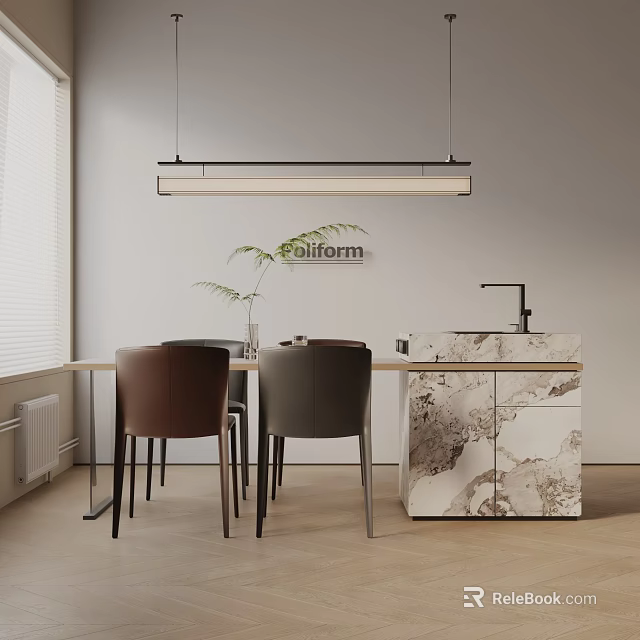 Modern Dining Table Set With Chairs Marble Countertop Hanging Light And Wall Art 3d model 