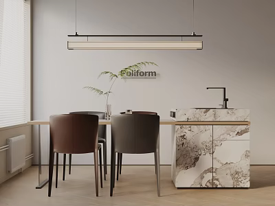 Modern Dining Table Set With Chairs Marble Countertop Hanging Light And Wall Art 3d model