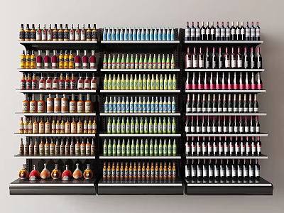 Display Shelves with Various Colored Bottles Neatly Arranged in Retail Store 3d model