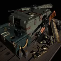 Military Weapons Collection on Wooden Table with Green Case Rifles Ammunition Belt and Grenades