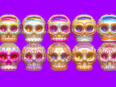 Colorful Medical Teaching Skull Models Anatomical Devices Neatly Arranged Purple Background 3d model