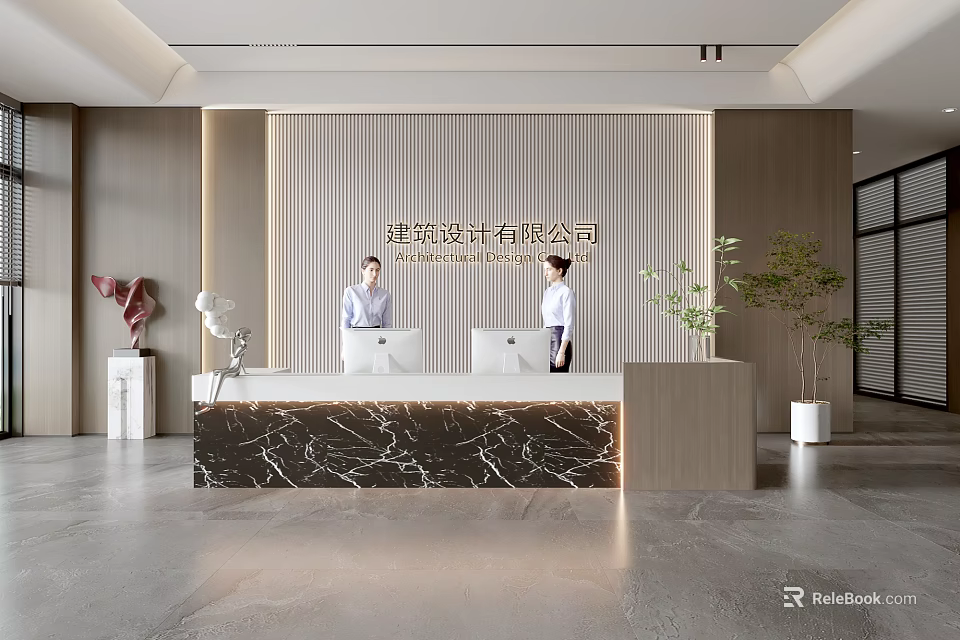 Elegant Modern Reception Desk With Receptionists Marble Countertop Striped Wall And Green Plants 3d model 
