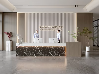 Elegant Modern Reception Desk With Receptionists Marble Countertop Striped Wall And Green Plants 3d model