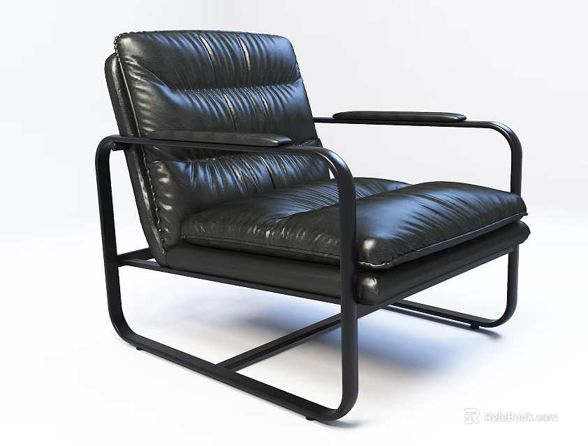 Black Leather Leisure Chair with Stitched Design and Metal Frame Armrests in Modern Style 3d model 