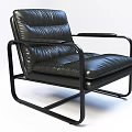 Black Leather Leisure Chair with Stitched Design and Metal Frame Armrests in Modern Style