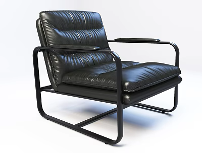 Black Leather Leisure Chair with Stitched Design and Metal Frame Armrests in Modern Style 3d model