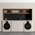 Modern Laundry Room Interior With White Cabinets Wooden Shelves Black Countertop And Laundry Appliances