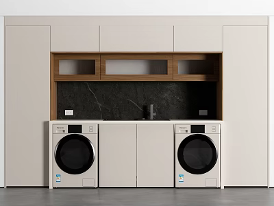 Modern Laundry Room Interior With White Cabinets Wooden Shelves Black Countertop And Laundry Appliances 3d model