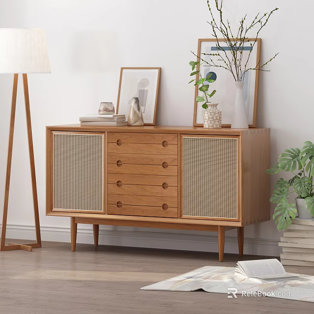 Wooden Entryway Cabinet Sideboard With Drawers Mesh Doors Decorative Frames Vases And Plants 3d model 