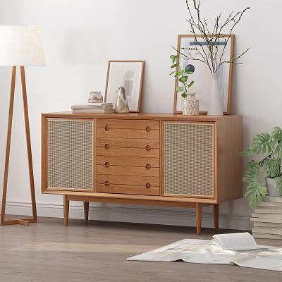 Wooden Entryway Cabinet Sideboard With Drawers Mesh Doors Decorative Frames Vases And Plants 3d model
