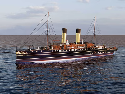 Luxury Yacht Sailing On Open Sea With Masts And Funnels 3d model