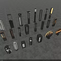 Various Design Outdoor Lights Illuminated And Unlit Arranged On Gray Floor