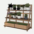 Wooden Tiered Plant Stand With Various Potted Plants And Green Herb Boxes