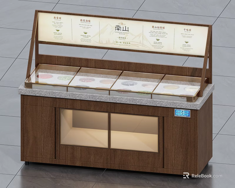 Premium Wooden Buffet Sideboard With Glass Food Display Compartments And Upper Menu Board For Restaurant 3d model 