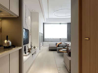 Modern Apartment With Open Concept Living Room Kitchen Natural Light And Sofa Cabinets 3d model