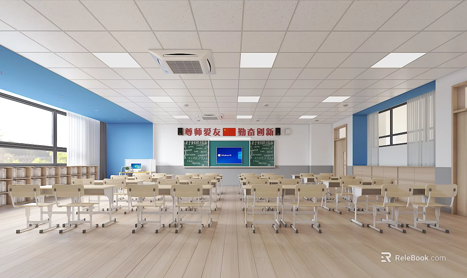 Spacious Bright Classroom With Organized Desks And Functional Shoe Bench 3d model 