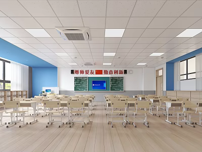 Spacious Bright Classroom With Organized Desks And Functional Shoe Bench 3d model