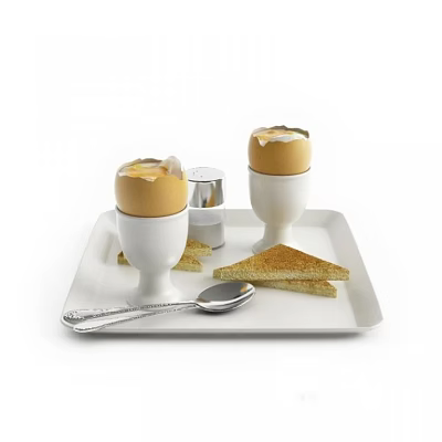 Soft Boiled Eggs in Egg Cups with Toast Slices on White Tray and Silver Spoon 3d model Soft Boiled Eggs in Egg Cups with Toast Slices on White Tray and Silver Spoon 3d model