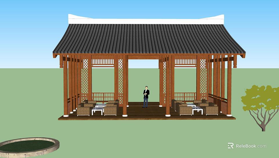 Traditional Chinese Pavilion Design With Wooden Frames Black Tile Roof And Surrounding Seats 3d model 