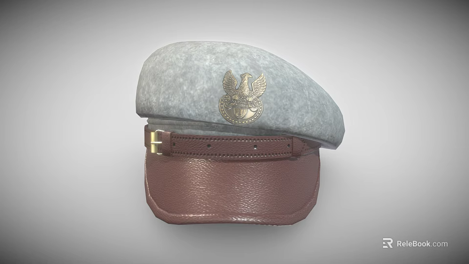 Gray Hat Featuring Gold Eagle Emblem And Brown Leather Brim With Buckle 3d model 