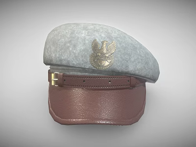 Gray Hat Featuring Gold Eagle Emblem And Brown Leather Brim With Buckle 3d model