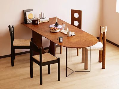 Modern Wooden Dining Table Set With Mixed Design Chairs And Decorative Items 3d model