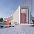 Modern Sales Office Building With Curved White Facade Glass Elements And Water Pool Reflection