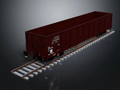 Brown Freight Train Car on Railway Track with Wooden Sleepers and Numbered Markings 3d model