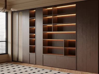 Modern Wooden Bookcase with Built in Lighting and Various Sized Shelves in Contemporary Interior Design 3d model