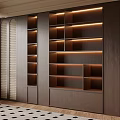 Modern Wooden Bookcase with Built in Lighting and Various Sized Shelves in Contemporary Interior Design