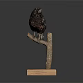 Realistic Black Bird Perched On Tree Branch With Wooden Base Stand